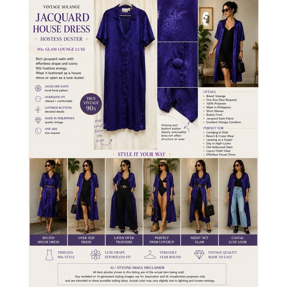VTG 90’s Solange Royal Purple Jacquard House Dress Hostess Lounge Duster Glam OS